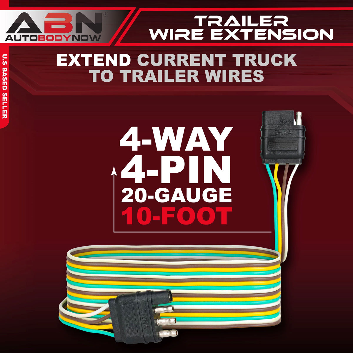 Trailer Wire Extension, 10’ Foot, 4-Way Pin Trailer Wiring Harness