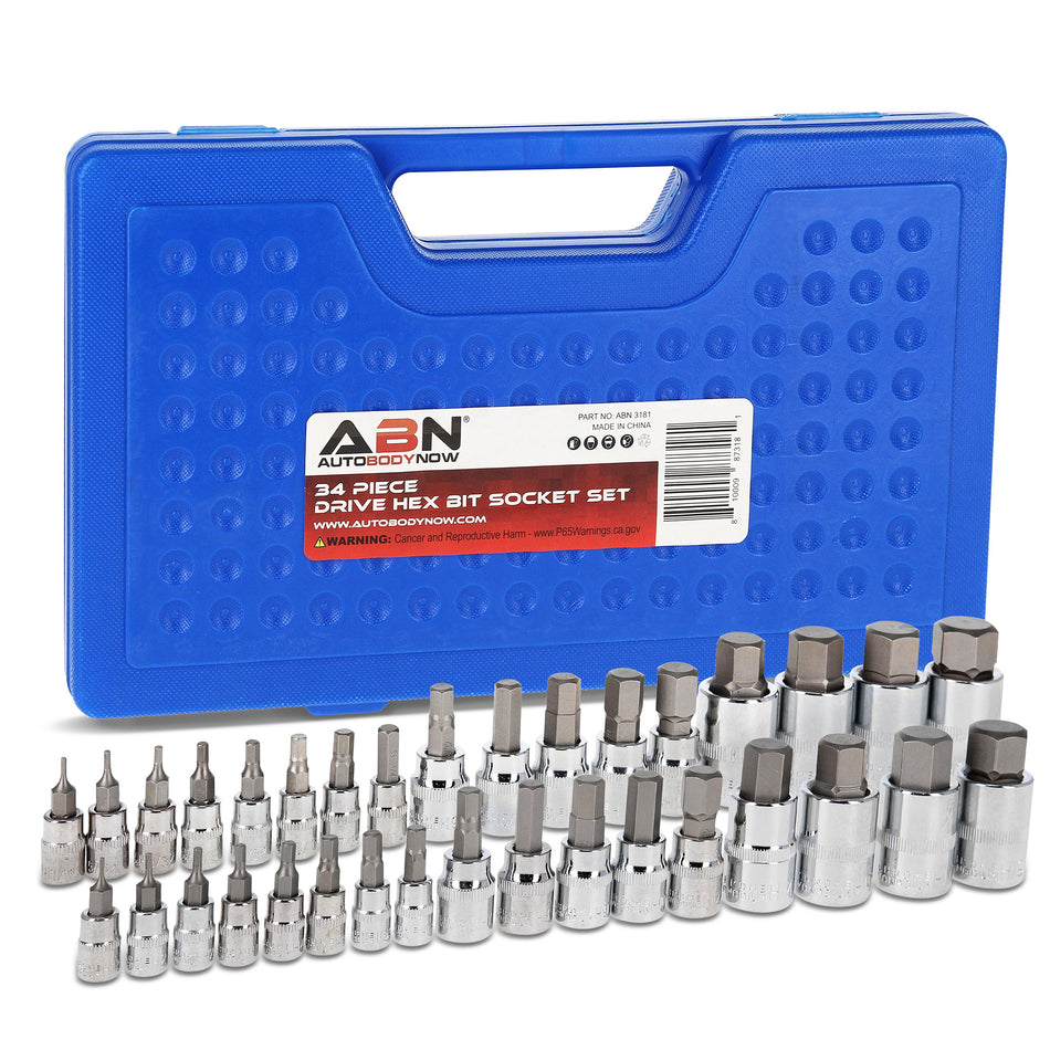 34 Pc Allen Socket Set SAE and Metric Hex Bit Set 3/8, 1/4, 1/2 Inch