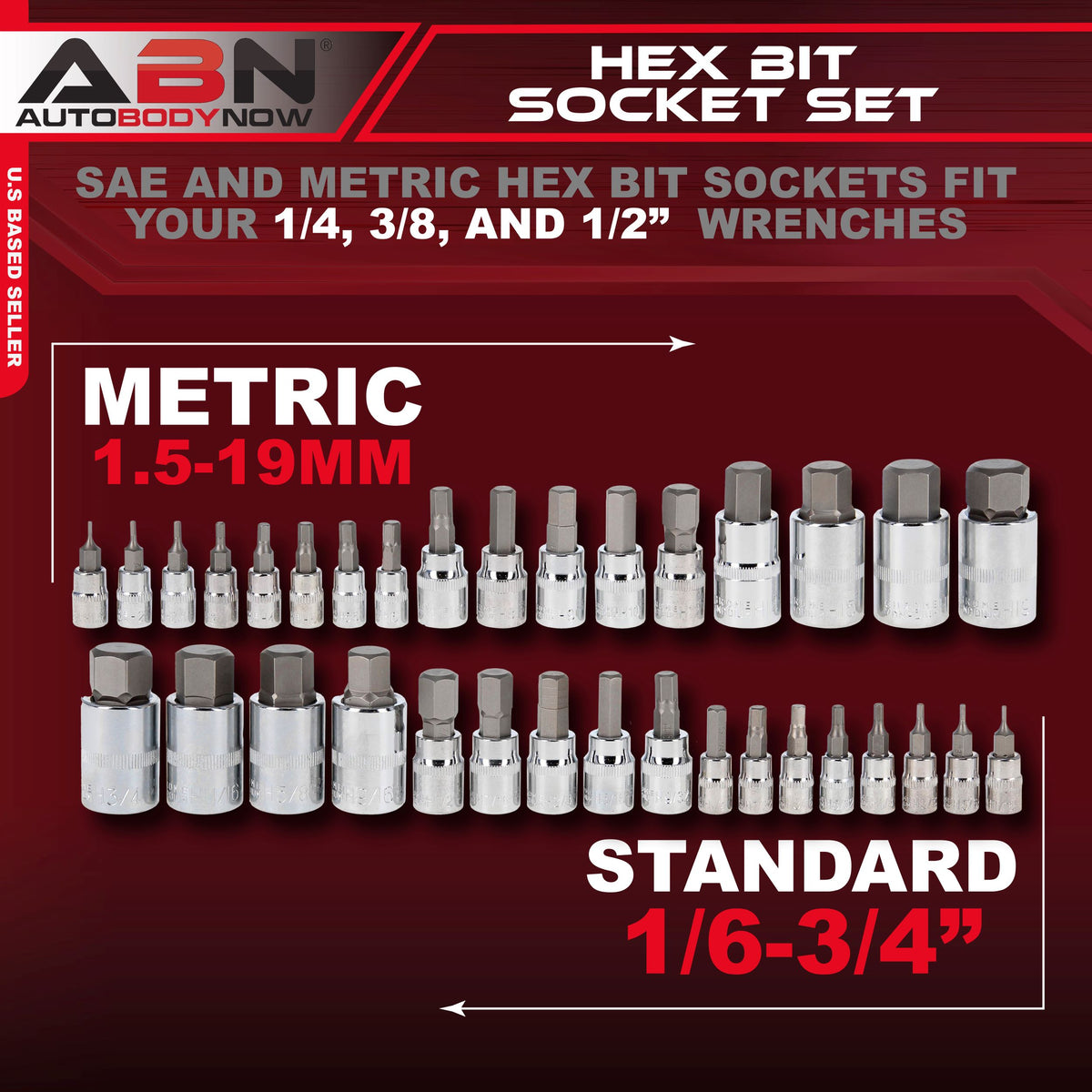 34 Pc Allen Socket Set SAE and Metric Hex Bit Set 3/8, 1/4, 1/2 Inch