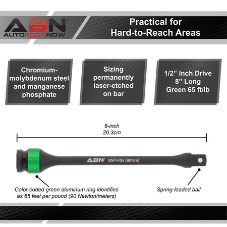 1/2” Inch Drive, 8” Long Torque Socket Extension Bar – Green 65 ft/lb