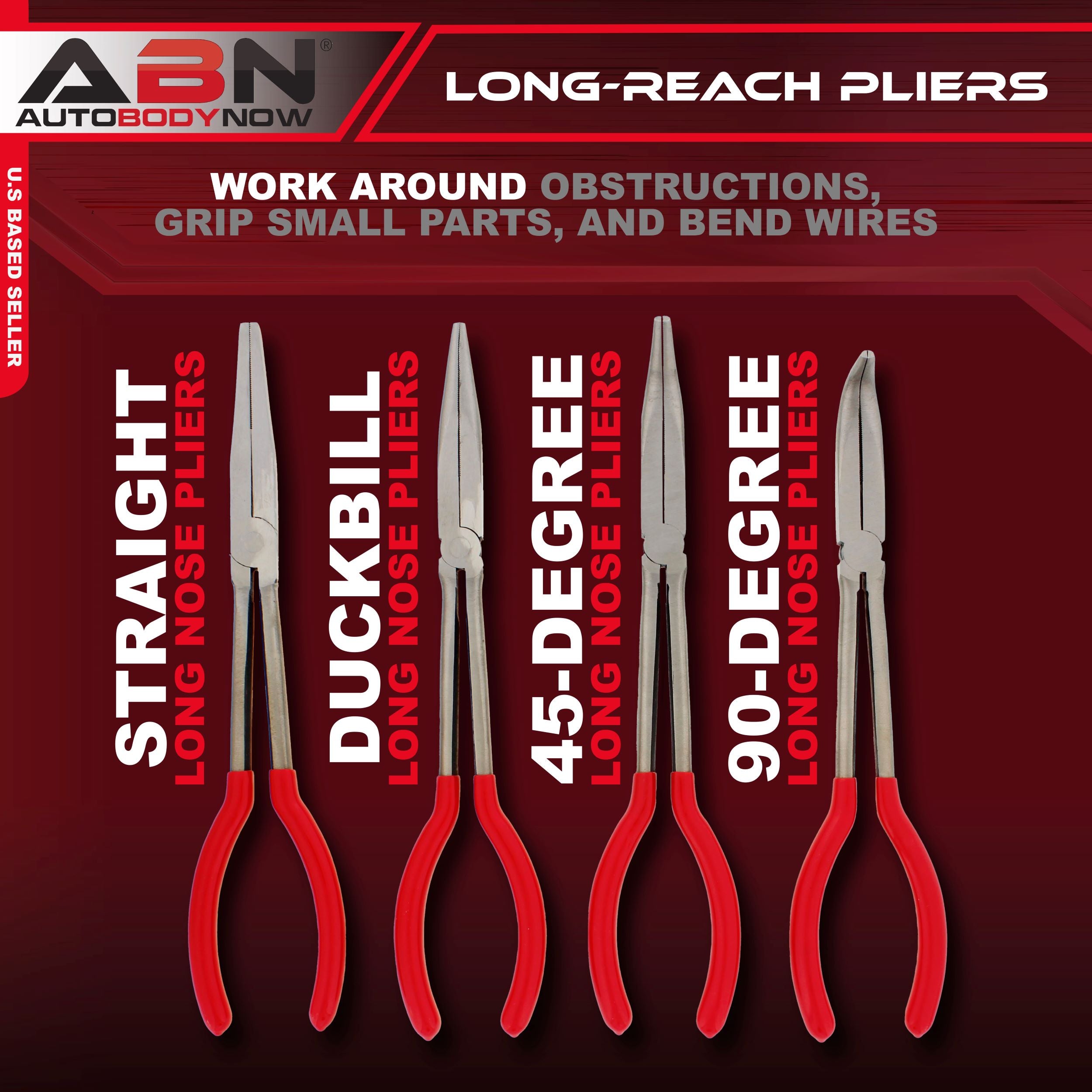 Long Reach Pliers 4-Piece Set - Angled Curved Straight and Duckbill