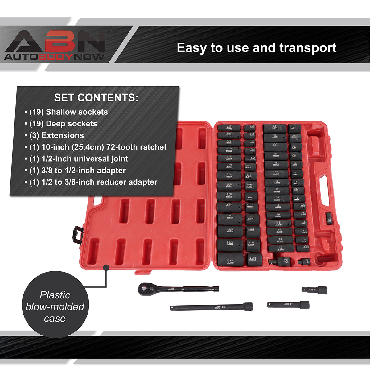 65 Piece Impact Socket Set - 1/2in Drive Shallow and Deep Socket Set